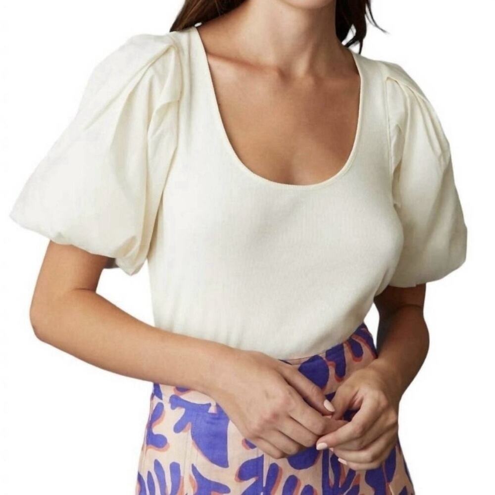 Marie Oliver Leigh‎ Puff Short Sleeve Blanc Ivory Ribbed Top